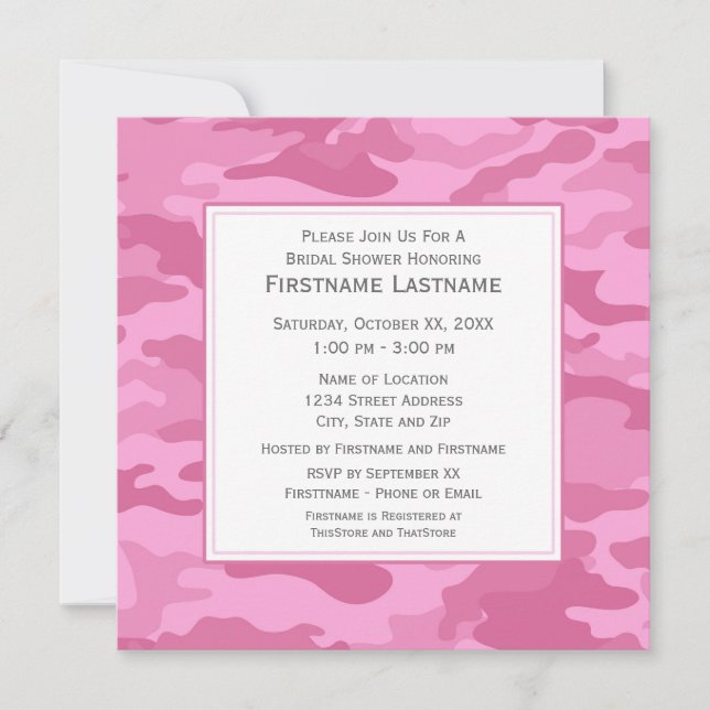 Pink Camo Bridal Shower or Engagement Party Invitation (Front)