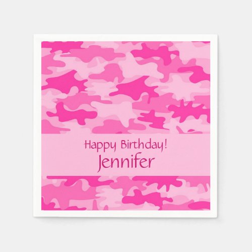 Pink Camo Camouflage Happy Birthday Party Napkins