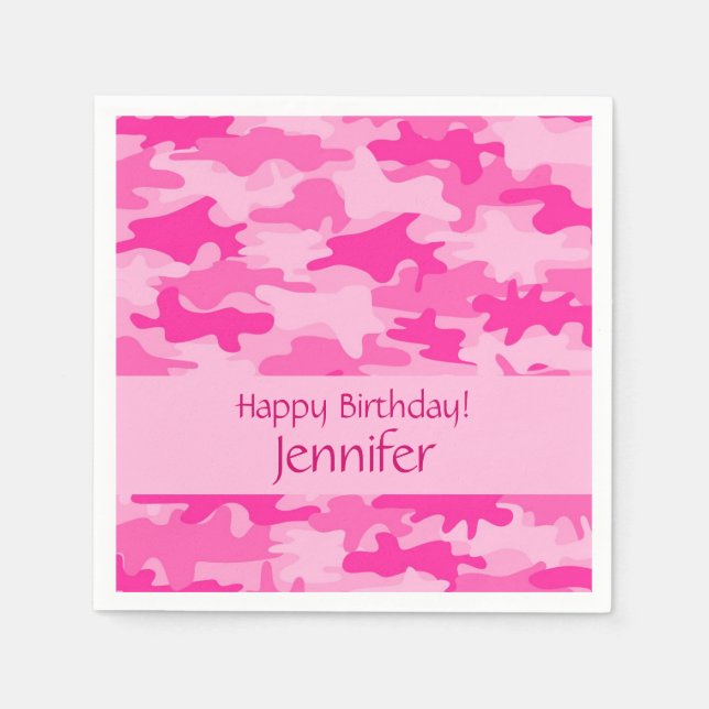 Pink Camo Camouflage Happy Birthday Party Napkins (Front)