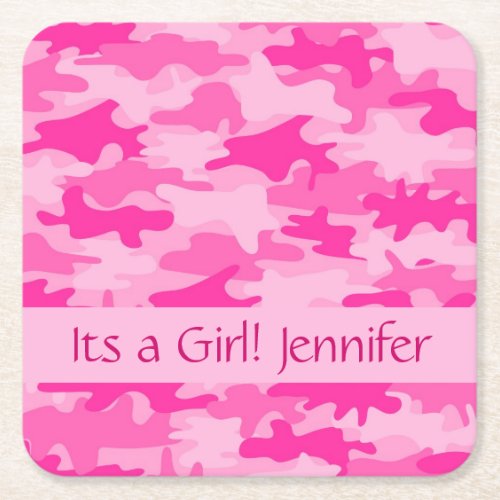 Pink Camo Camouflage Its a Girl Name Square Paper Coaster