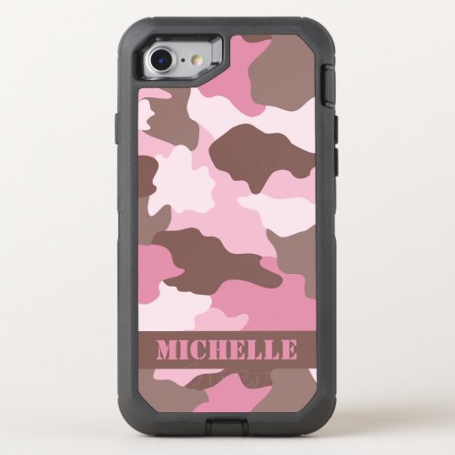 Pink Camo Camouflage Monogram Name OtterBox Defender iPhone SE87 Case