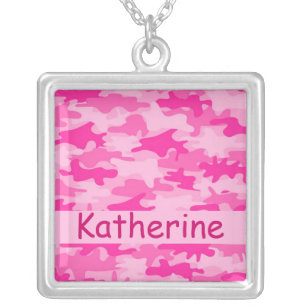 Pink Camo Camouflage Name Personalized Silver Plated Necklace