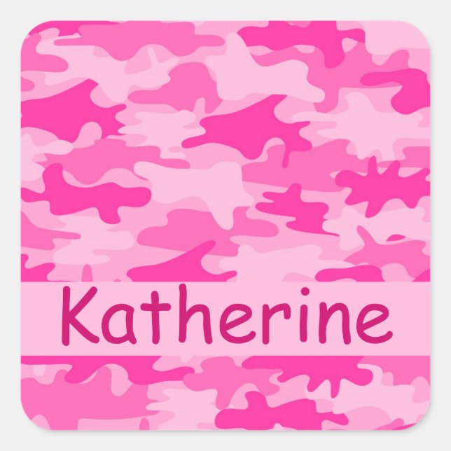Pink Camo Camouflage Name Personalized Square Sticker (Front)