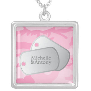 Pink Camo Customizable Dog Tags Silver Plated Necklace