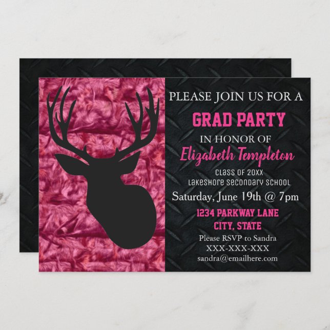 Pink Camo Deer Hunting Graduation Party Invitation (Front/Back)