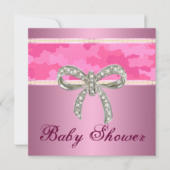 Pink Camo Diamond Bow Baby Shower Invitation (Front)
