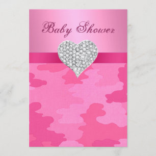 Pink Camo Diamond Heart Baby Shower Invitation