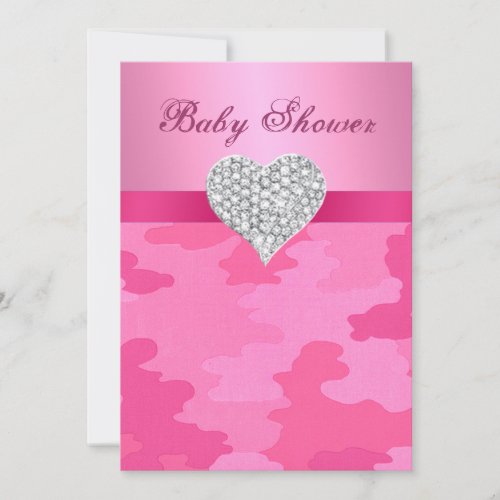 Pink Camo Diamond Heart Baby Shower Invitation