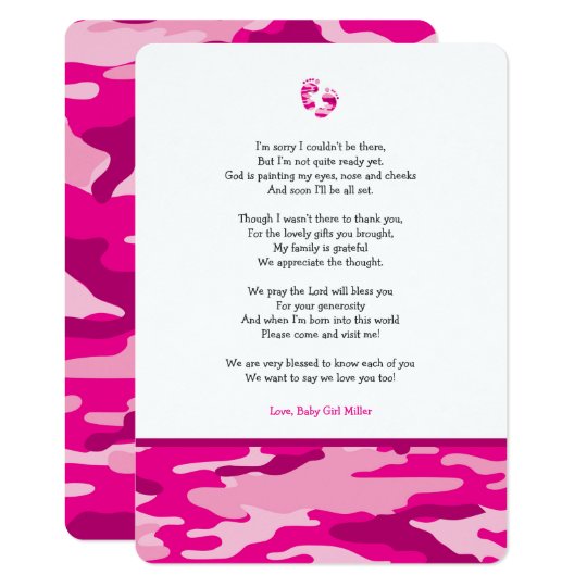 pink camo girl poem baby shower thank you note invitation zazzle com