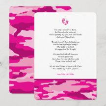 Pink Camo girl poem baby shower thank you note