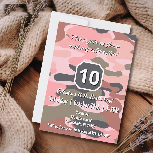 Pink Camo Girls Customizable Birthday Party Custom Invitation (Creator Uploaded)