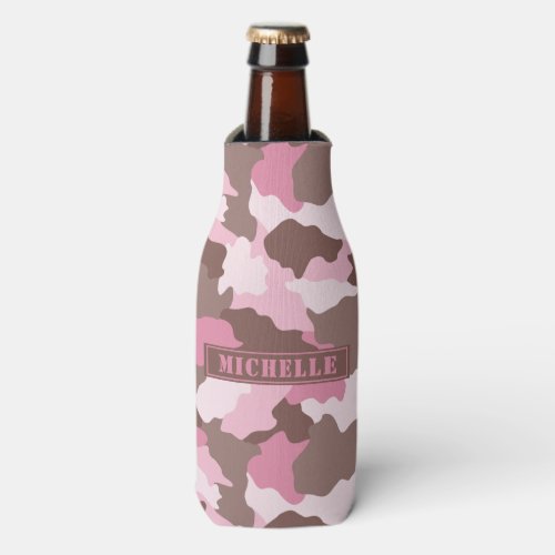 Pink Camo Girly Camouflage Monogram Name Bottle Cooler