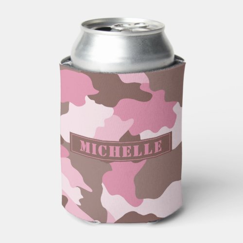 Pink Camo Girly Camouflage Monogram Name Can Cooler