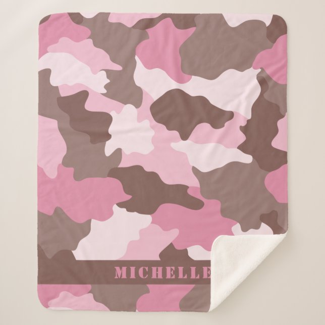Pink Camo Girly Camouflage Monogram Name Sherpa Blanket (Front)