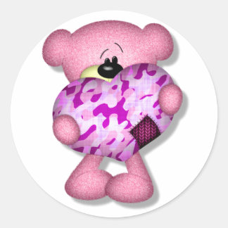 pink camo heart bear classic round sticker