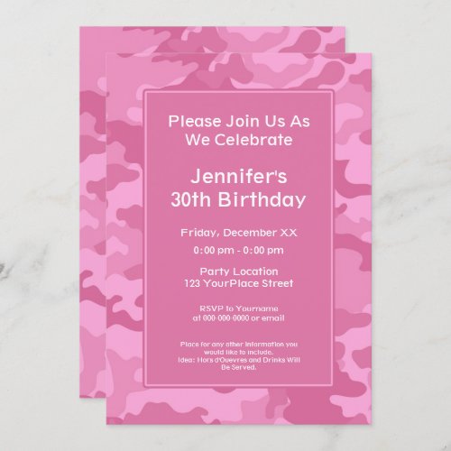 Pink Camo Military Theme Birthday Party Invitation