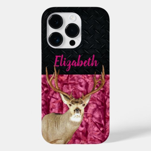 Pink Camo Mule Deer Hunting Name Sports Case_Mate iPhone 14 Pro Case