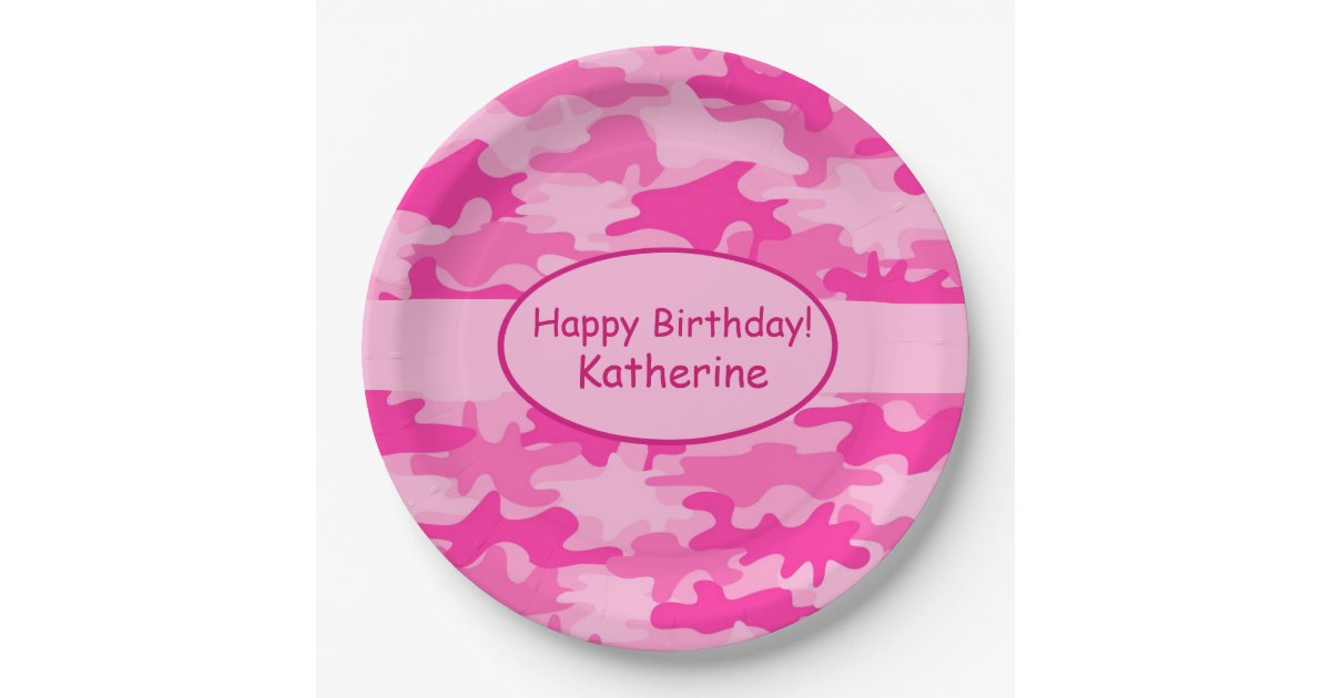 Pink Camo Name Personalized Happy Birthday Party Paper Plate