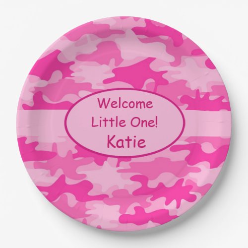 Pink Camo Name Personalized New Baby Girl Paper Plates
