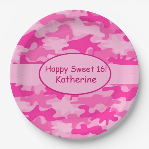 Pink Camo Name Personalized Sweet 16 Birthday Paper Plates
