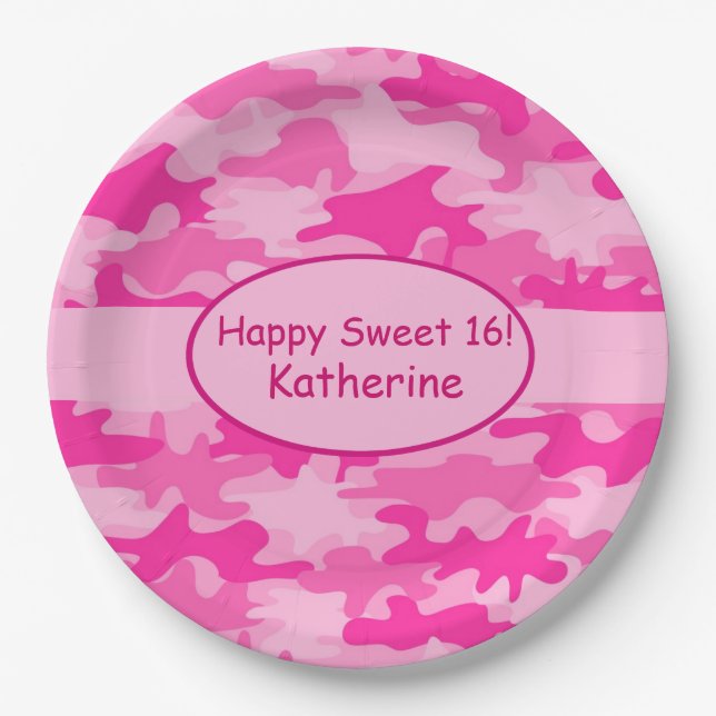 Pink Camo Name Personalized Sweet 16 Birthday Paper Plates (Front)
