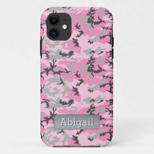 Pink Camo Pattern Personalized Name iPhone 11 Case