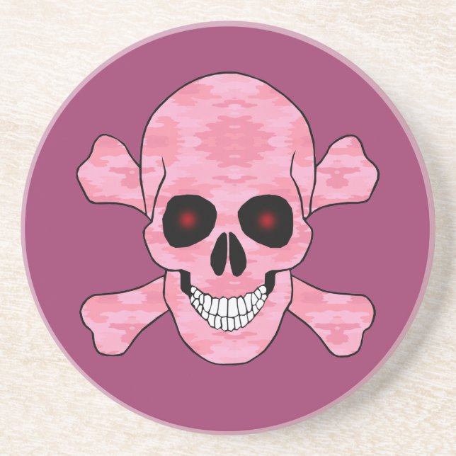 Pink Camo Red Eyes Skull And Crossbones Coaster (Front)