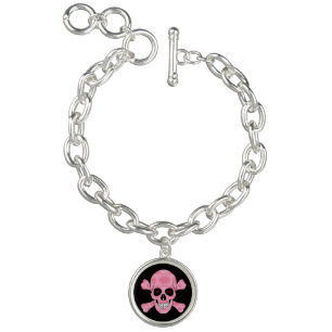 Pink Camo Red Eyes Skull Crossbones Charm Braclet Bracelet