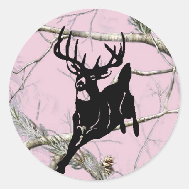 Pink Camo Running Buck Classic Round Sticker (Front)