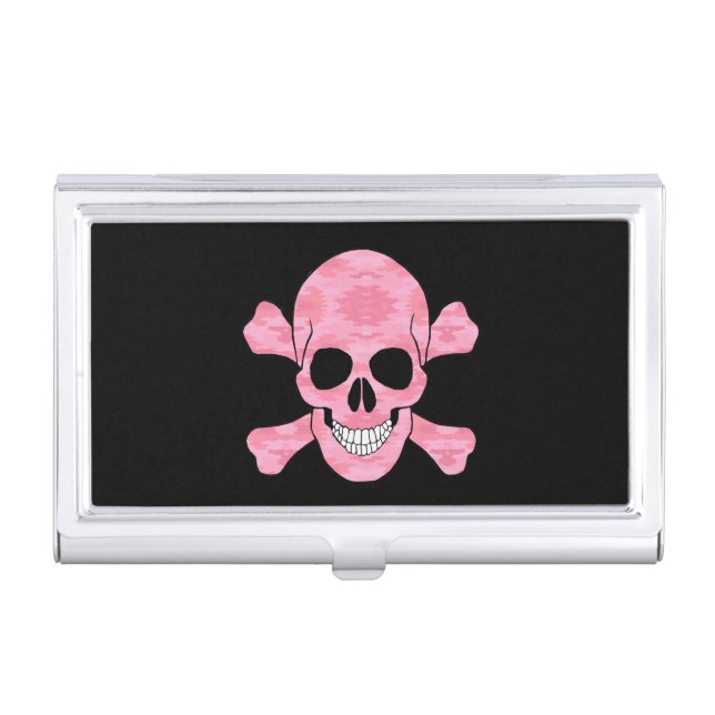 Pink Camo Skull And Crossbone Business Card Holder (Front)