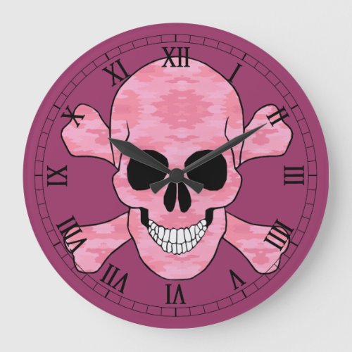 Pink Camo Skull And Crossbones Roman Numeral Clock