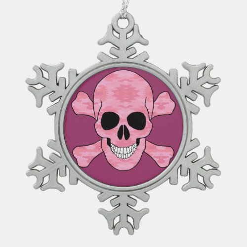 Pink Camo Skull And Crossbones Snowflake Ornament