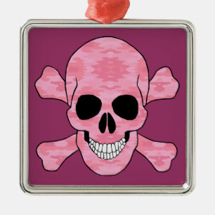 Pink Camo Skull And Crossbones Square Ornament