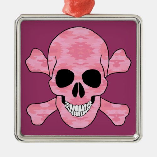 Pink Camo Skull And Crossbones Square Ornament