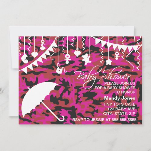 Pink Camo umbrella modern baby shower invitations