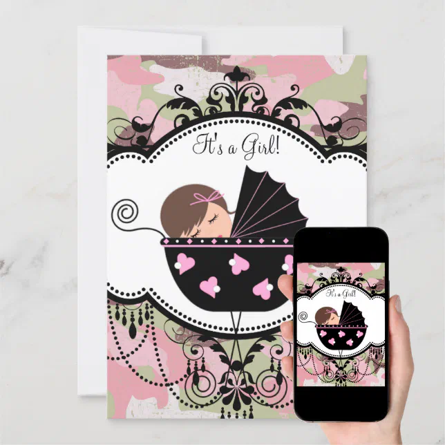 Pink Camouflage Baby Girl Shower Invitations (Downloadable)