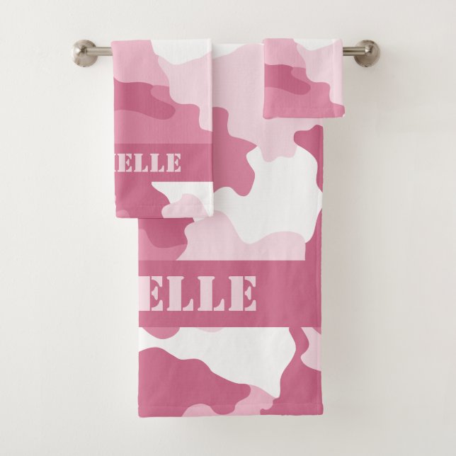 Pink Camouflage Camo Monogram Bath Towel Set (Insitu)