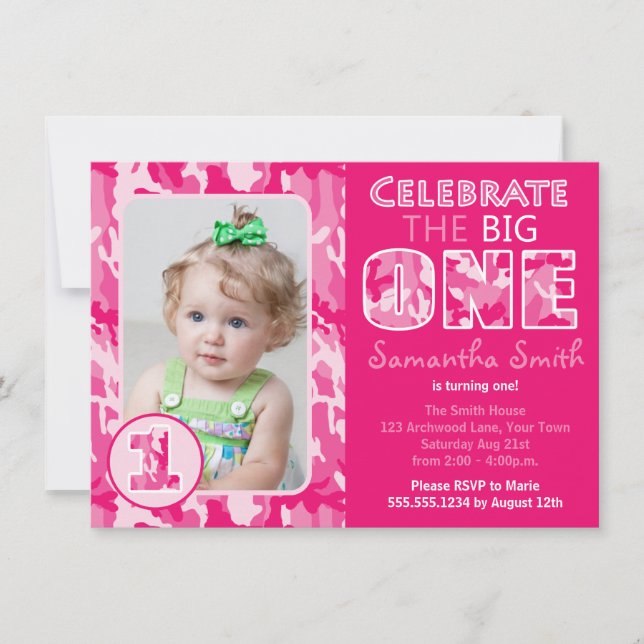 Pink Camouflage / Camo Theme First Birthday Invitation (Front)