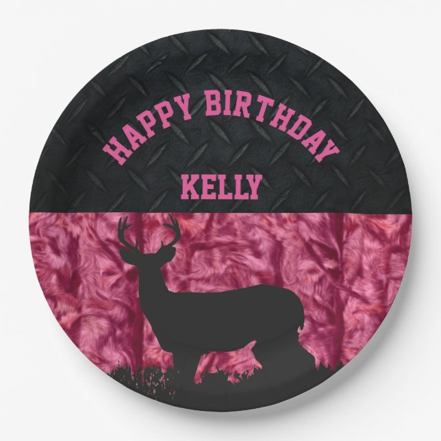Pink Camouflage Deer Hunting Country Birthday Paper Plates (Front)