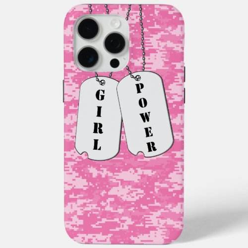 Pink Camouflage Girl Power Dog Tags iPhone 15 Pro Max Case