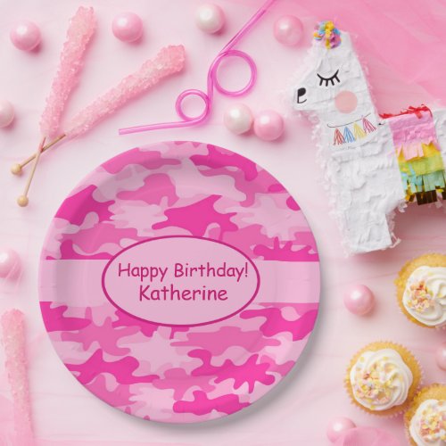 Pink Camouflage Happy Birthday  Name Personalized  Paper Plates