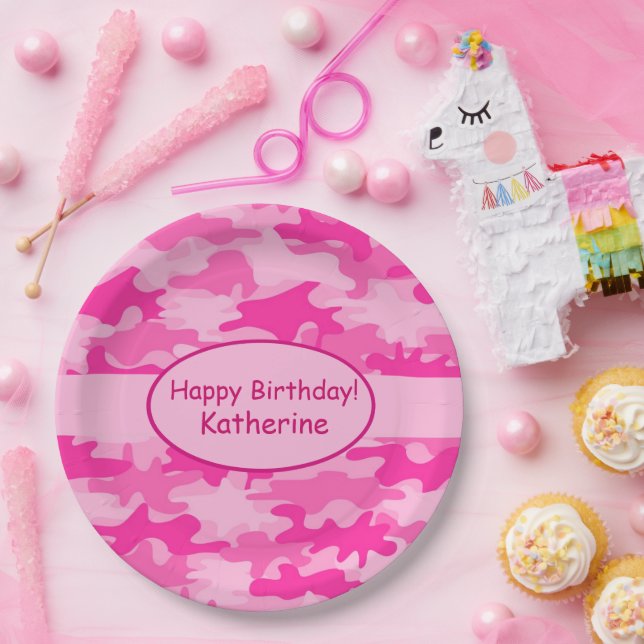 Pink Camouflage Happy Birthday  Name Personalized  Paper Plates (Party)