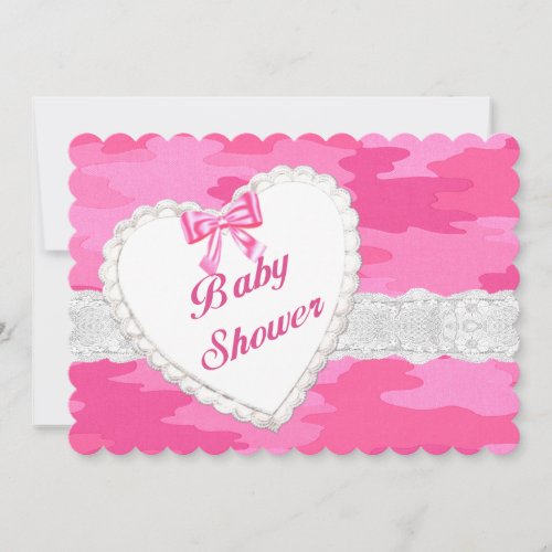 Pink Camouflage Lace Heart Baby Shower Invitation