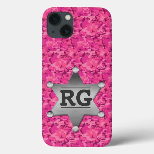 Pink Camouflage Pattern Sheriff Badge Monogram iPhone 13 Case