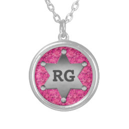 Pink Camouflage Pattern Sheriff Badge Monogram Silver Plated Necklace