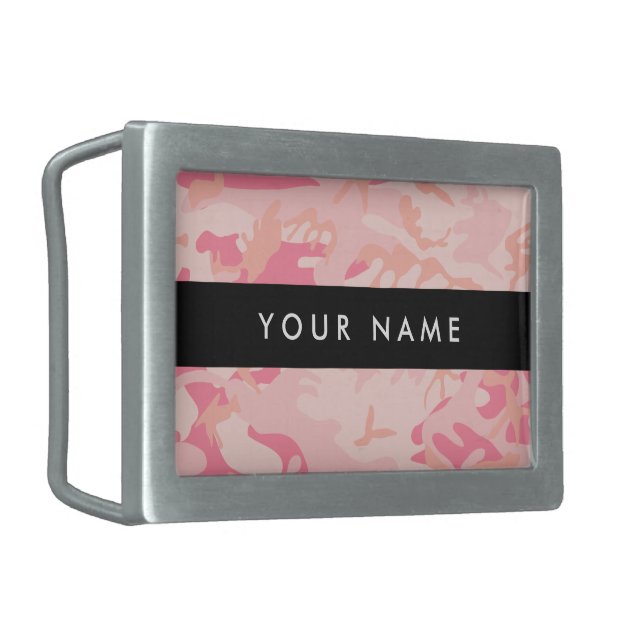 Pink Camouflage Pattern, Your name, Personalize Belt Buckle (Front Left)