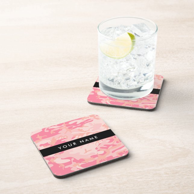 Pink Camouflage Pattern, Your name, Personalize Beverage Coaster (Right Side)