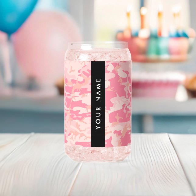 Pink Camouflage Pattern, Your name, Personalize Can Glass (Insitu (Baby Shower))
