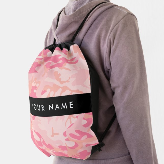 Pink Camouflage Pattern, Your name, Personalize Drawstring Bag (Insitu)