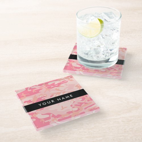 Pink Camouflage Pattern Your name Personalize Glass Coaster